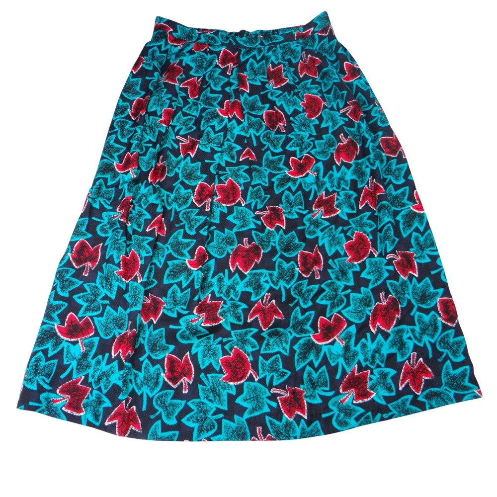 Vintage Greenwich Square Teal Red Leaf Print Midi Skirt Size 13-14 Elastic Waist